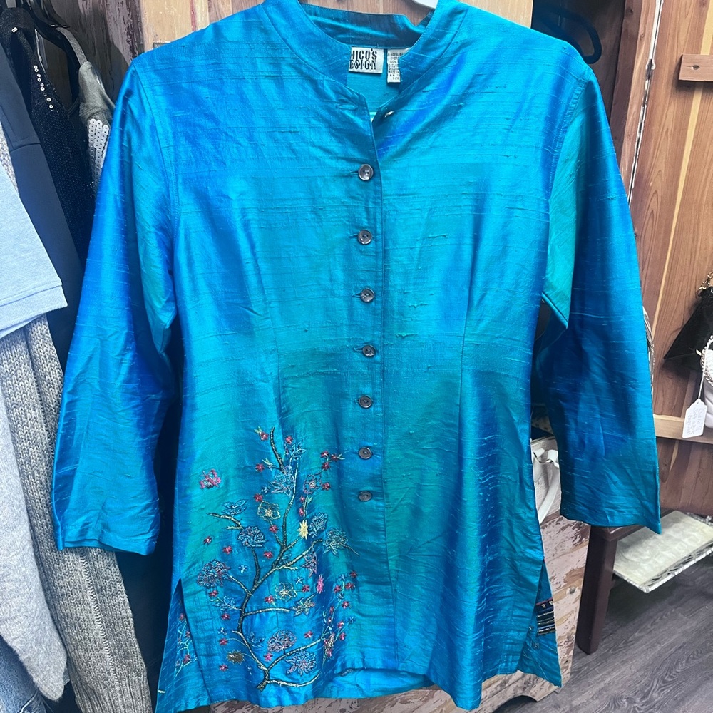 Teal Blue Embroidered Silk Button-Up Top